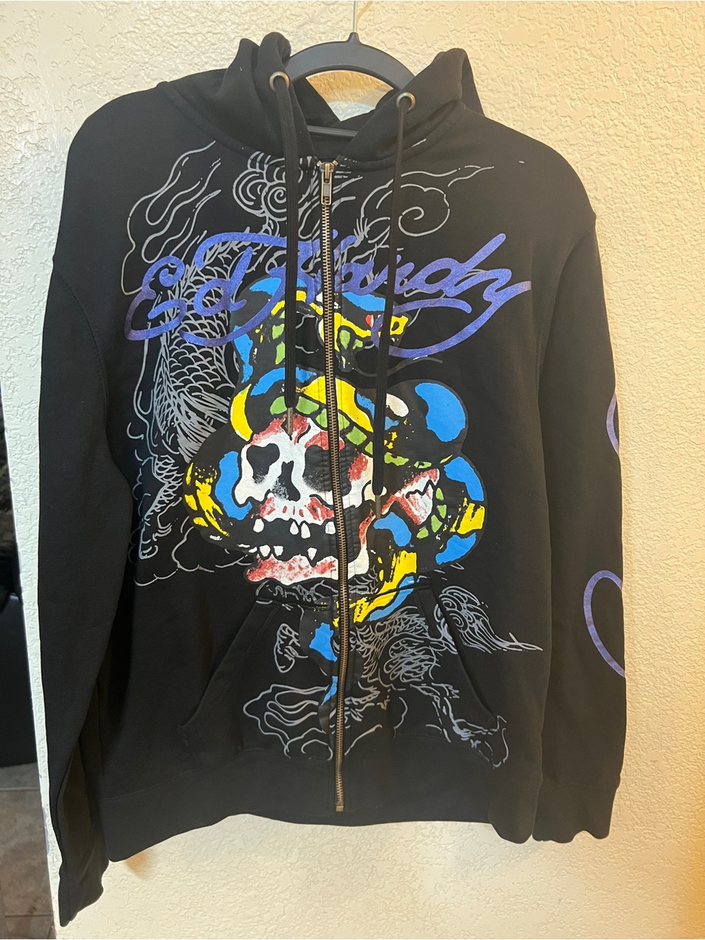 Ed Hardy Black Zip-Up Hoodie with Multicolor Skull & Snake Graphic